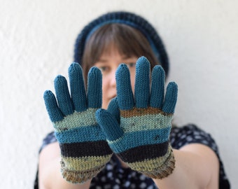 Hand knit gloves for women, teal and blue stripes wool gloves, winter gloves ready to ship in size S/M for women