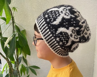 Hand Knit Alpaca Owl Hat: Black and White Slouchy Beanie