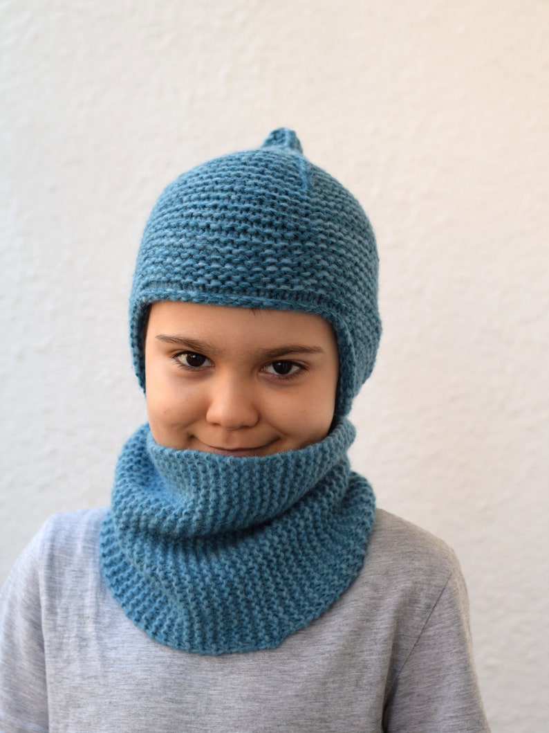 Teal blue earflap hat, alpaca and wool kids pixie hat, toddler hat, chunky hat, choose size and color image 2