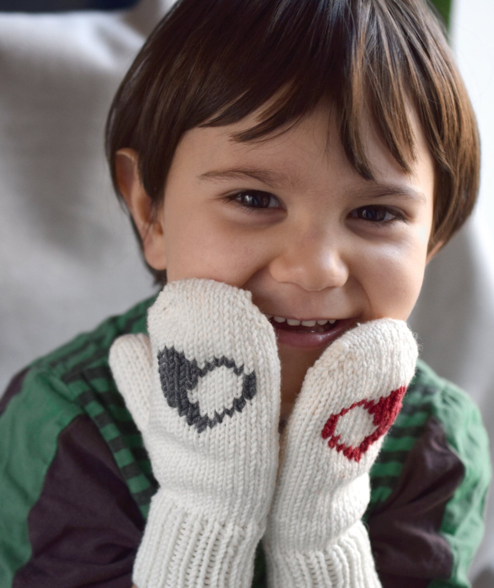 Kids Mittens With Hearts, Handknit Childrens Mittens, off White Toddler