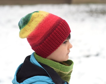 Rainbow slouchy hat, hand knit wool hat, one size for kids, teen or women, soft wool beanie, ready to ship