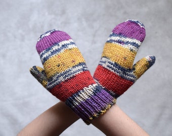 Hand knit toddler gloves, childrens' or adult mittens in purple, yellow, red, wool kids mittens, mittens with string