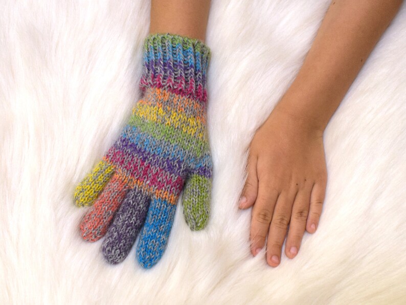 Alpaca and wool rainbow gloves, children's or adult hand knit gloves, winter gloves made to order image 6