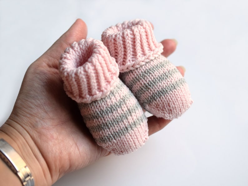 hand knit wool socks 3-6 month pink and gray merino wool baby booties Striped baby socks 6-12 month newborn