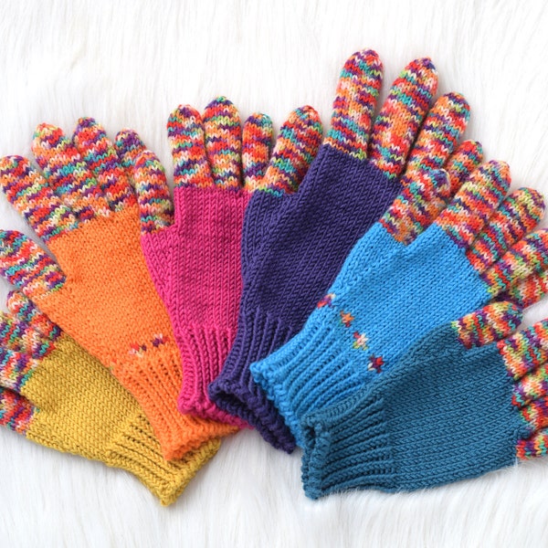 Merino wool gloves with rainbow fingers for kids, winter gloves made to order, 5 finger gloves in honeycomb, magenta, petrol blue, indigo