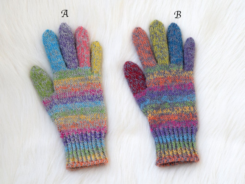 Alpaca and wool rainbow gloves, children's or adult hand knit gloves, winter gloves made to order image 5