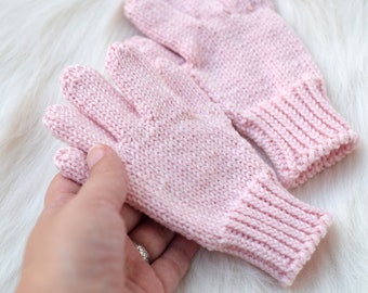 Rosa Mädchen Handschuhe, handgestrickte Kinder- oder Erwachsenenhandschuhe aus Merinowolle, Winterhandschuhe auf Bestellung, 5-Finger-Handschuhe für Kinder