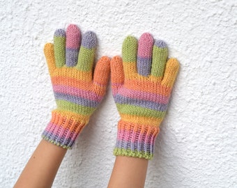 Kids light rainbow gloves, striped 75% wool winter gloves, women's gloves made to order, candy colors gloves