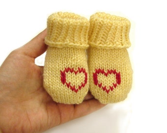 Yellow baby socks, embroidered crib shoes, personalized with red hearts, thin wool baby booties, newborn, 3-6 month, 6-12 month, monogram