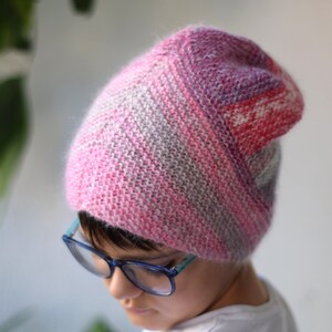 Slouchy ribbed hat in pastel colored wool, hand knit striped beanie hat, unique fluffy hat in pink and gray shades image 2