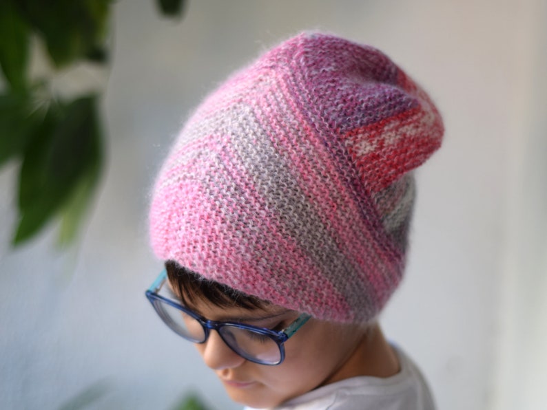 Slouchy ribbed hat in pastel colored wool, hand knit striped beanie hat, unique fluffy hat in pink and gray shades image 2