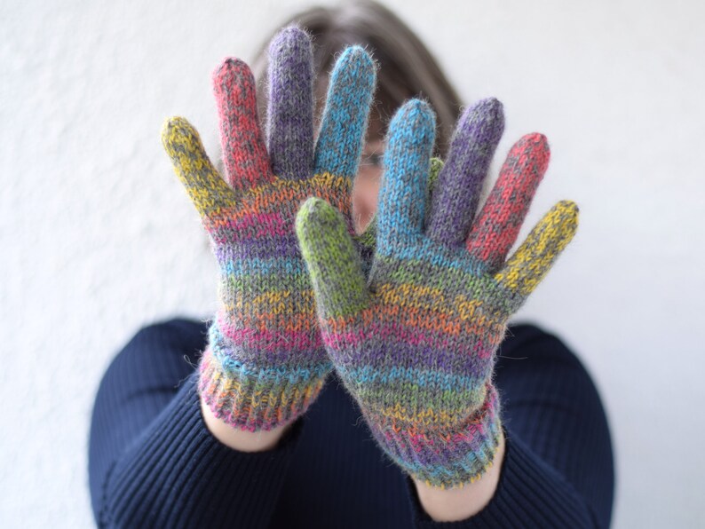 Alpaca and wool rainbow gloves, children's or adult hand knit gloves, winter gloves made to order image 2