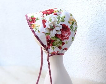 Baby sun hat with red and yellow flowers, classic vintage style thin cotton bonnet with visor, size 3-6 months and 6-12 months ready to ship