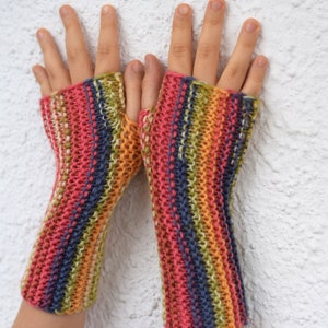 Fingerless mittens for kids in pink, yellow and blue stripes, wool fingerless mittens, autumn wristwarmers for children or adults image 2