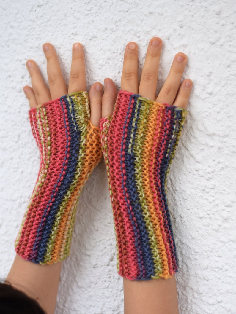 Fingerless mittens for kids in pink, yellow and blue stripes, wool fingerless mittens, autumn wristwarmers for children or adults image 2