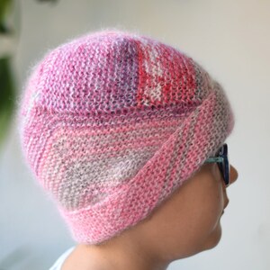 Slouchy ribbed hat in pastel colored wool, hand knit striped beanie hat, unique fluffy hat in pink and gray shades image 6