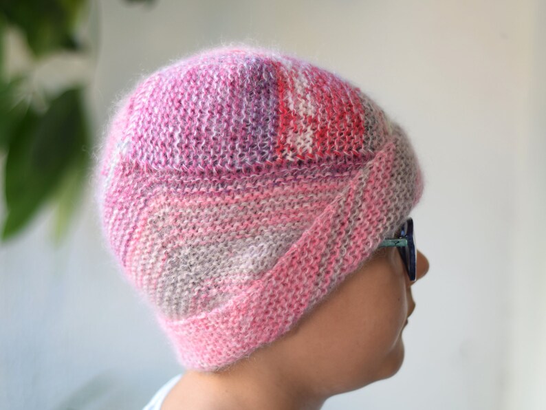 Slouchy ribbed hat in pastel colored wool, hand knit striped beanie hat, unique fluffy hat in pink and gray shades image 6