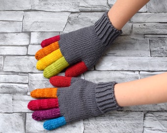 Hand knit gray gloves with rainbow fingers, childrens or adult merino wool gloves, mother daughter glove set, winter gloves made to order