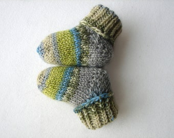 Newborn socks, gray green turquoise striped, thin wool baby booties, handknit