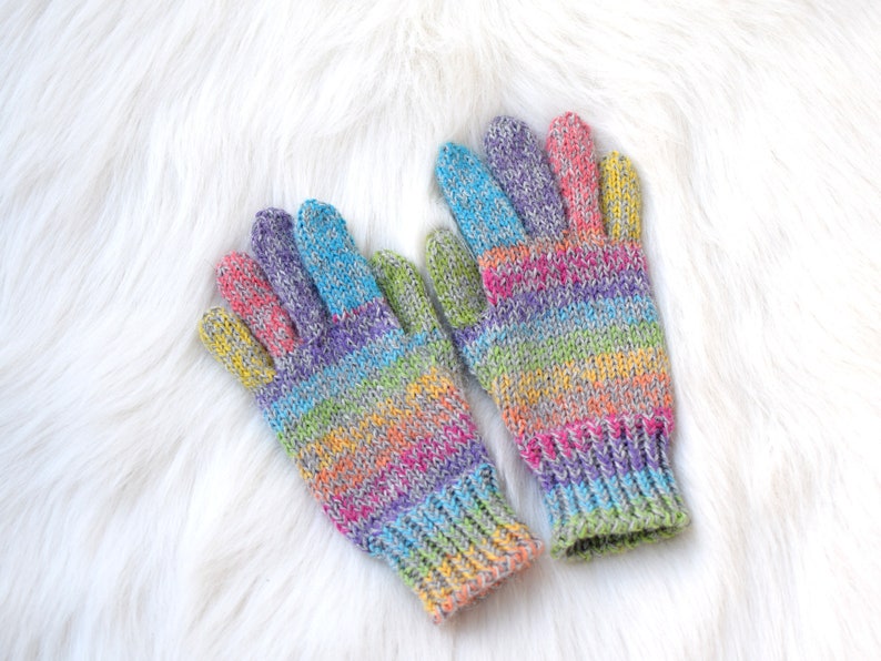 Alpaca and wool rainbow gloves, children's or adult hand knit gloves, winter gloves made to order image 8