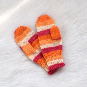 Hand knit toddler gloves, childrens mittens in rainbow, wool kids mittens, mittens with string, medium thick winter mitts Orange shades