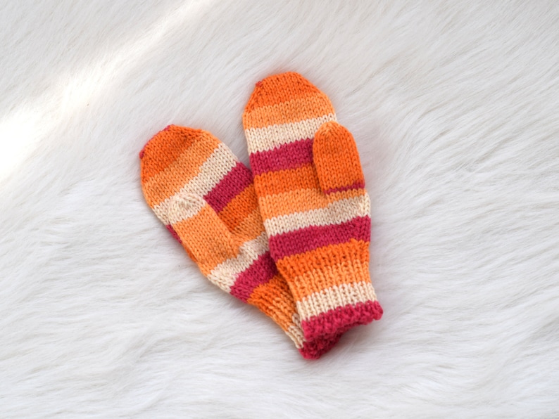 Hand knit toddler gloves, childrens mittens in rainbow, wool kids mittens, mittens with string, medium thick winter mitts Orange shades