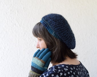 Hand Knit Blue Wool Beret: Soft Mohair-Silk Blend