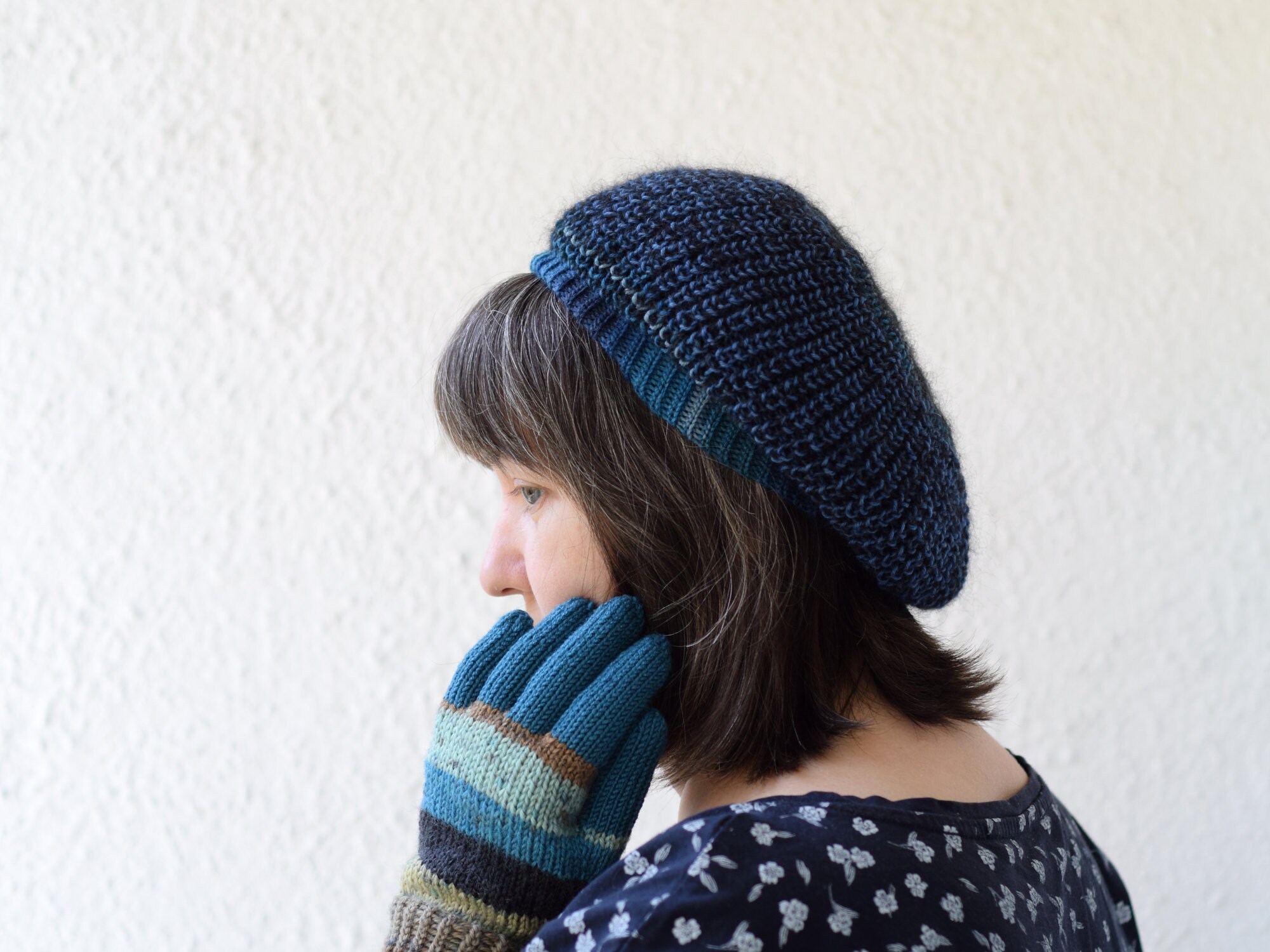Hand Made Alpaca Wool Beret Hat Hand Knit OOAK Blues Greens Aqua Knitted Beret, Blue Knit Beret, Light Blue Beret, Pale  main image 4