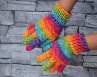 Hand knit rainbow gloves, children's or adult striped wool winter gloves, mother daughter glove set, winter gloves made to order