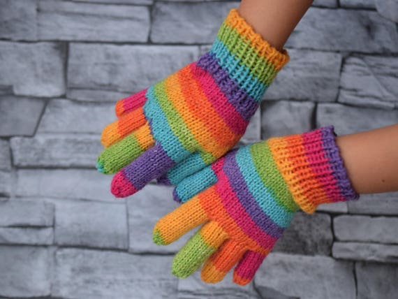 Hand Knit Rainbow Gloves Children s or Adult Striped Wool Winter Gloves Mother Daughter Glove Set Winter Gloves Made to Order Etsy