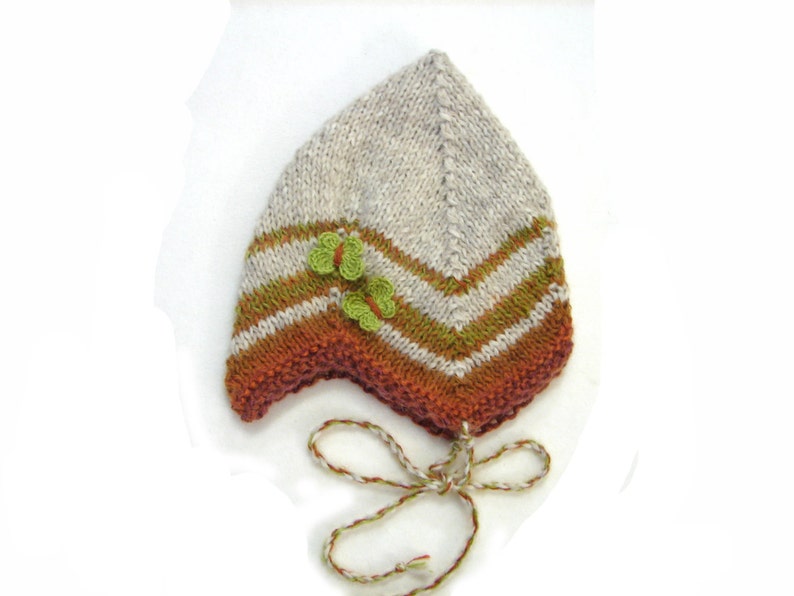 Ready to ship Beige baby fairy hat with brown stripes and green butterflies size 1 year to 3 years
