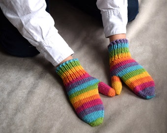 Hand knit toddler gloves, childrens mittens in rainbow,  wool kids mittens, mittens with string, medium thick winter mitts