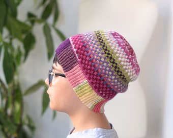 Winter wool hat in rainbow and pink, hand knit checkered hat, slouchy hat for kids, teen or women S, ready to ship