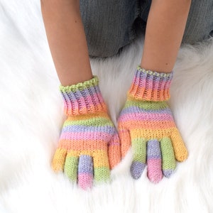Kinder Handschuhe leicht Regenbogen, gestreifte 75% Wolle Winterhandschuhe, Damenhandschuhe auf Bestellung, Bonbonfarben Handschuhe