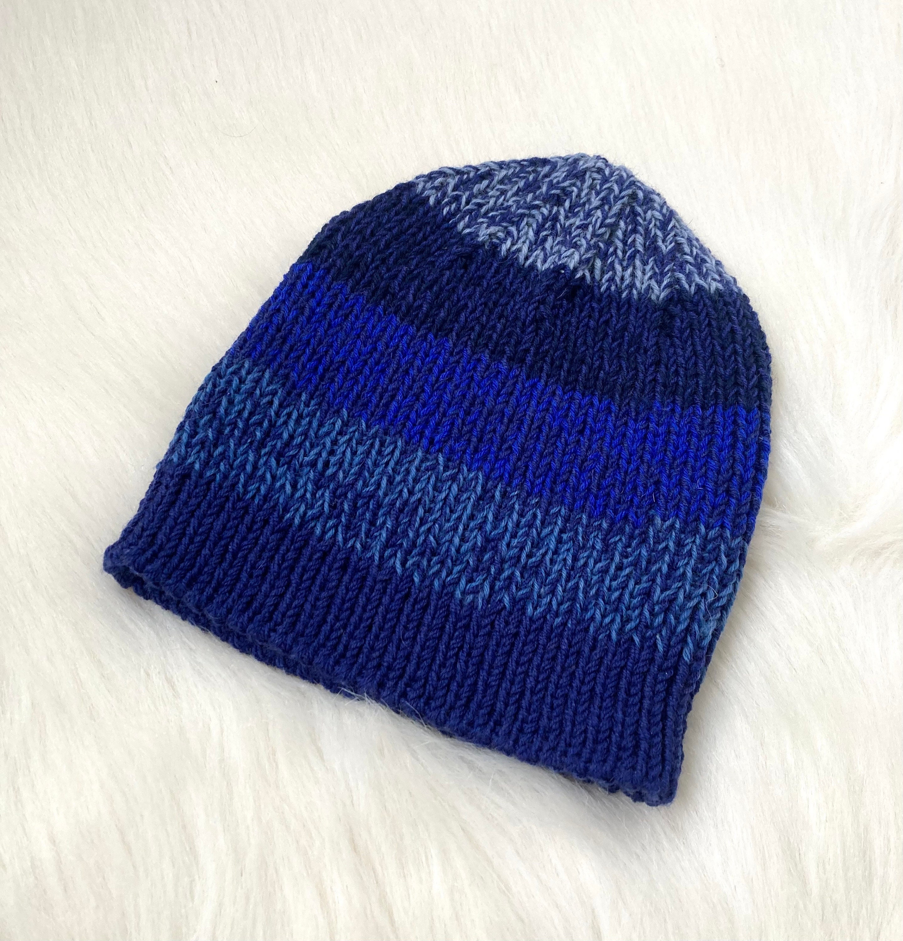 Hand Knit Wool Beanie: Ribbed Blue Striped Hat - Etsy display picture 2