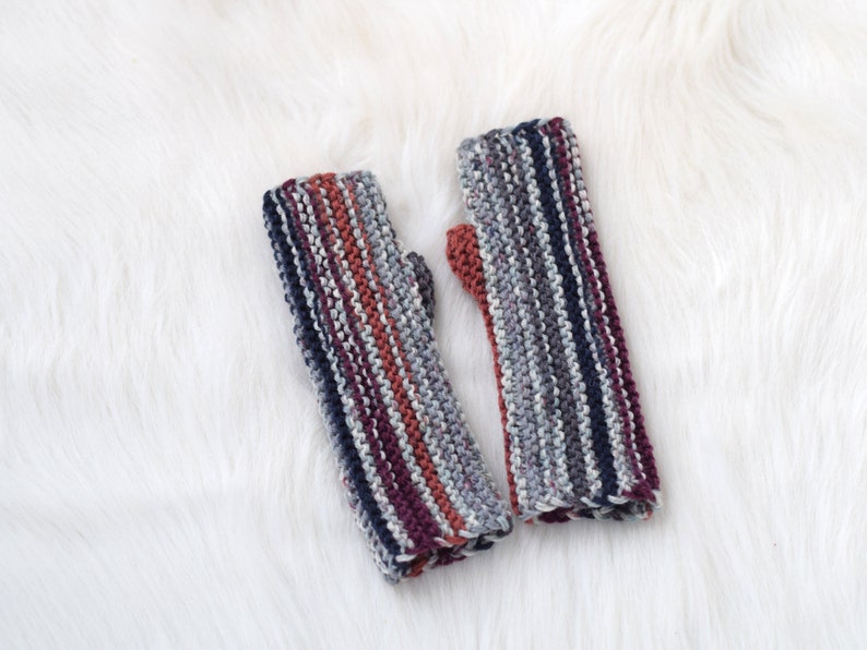 Wool fingerless mittens for kids in gray, burgundy and brown stripes, wool fingerless mittens, spring wrist warmers for children or adults image 4
