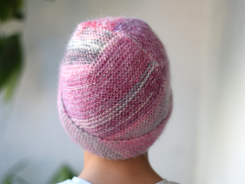 Slouchy ribbed hat in pastel colored wool, hand knit striped beanie hat, unique fluffy hat in pink and gray shades image 5