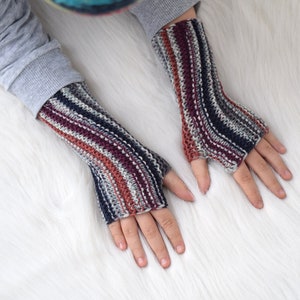 Wool fingerless mittens for kids in gray, burgundy and brown stripes, wool fingerless mittens, spring wrist warmers for children or adults image 1