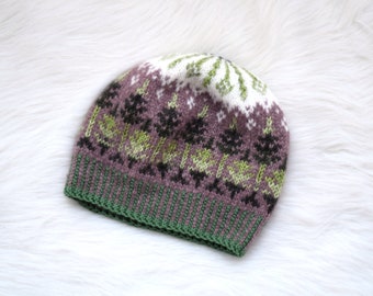 Hand Knit Alpaca Slouchy Beanie: Colorwork Trees & Northern Lights