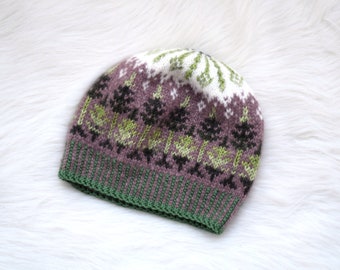 Brown/green alpaca hat with trees and northern lights, hand knit colorwork slouchy beanie for teen or women, ready to ship