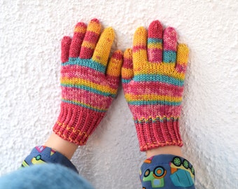 Kids gloves in pink and yellow wool, children's colorful striped wool gloves, winter gloves ready to ship in size 3-5 years