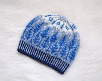 Hand Knit Alpaca Beanie: Blue Trees, Northern Lights Colorwork
