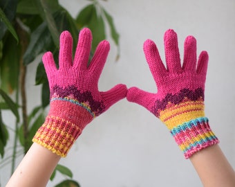 Hand knit wool gloves with chevron pattern, magenta and yellow gloves, mismatched winter gloves made to order