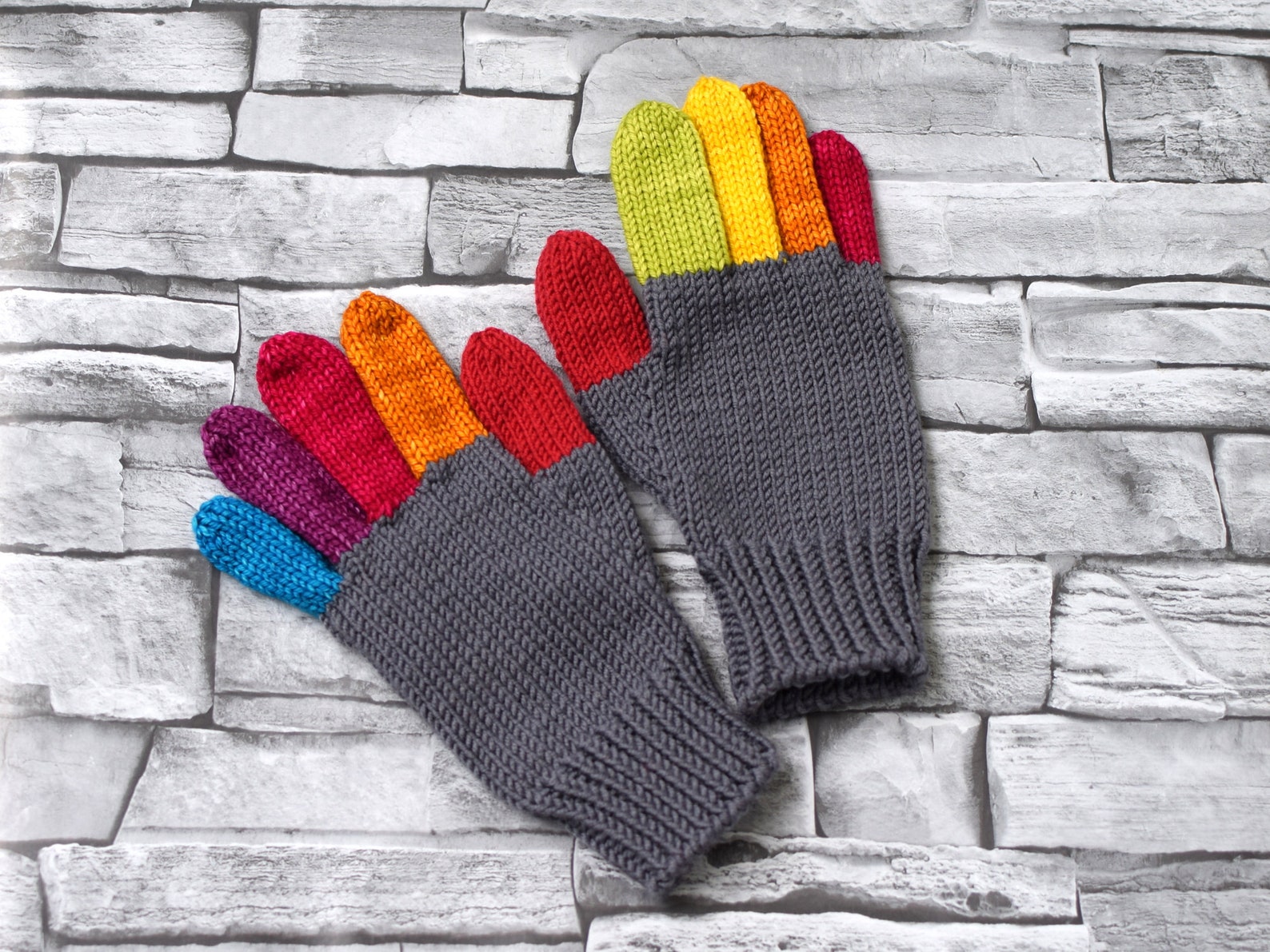 Hand Knit Gray Gloves With Rainbow Fingers Childrens or Adult Etsy