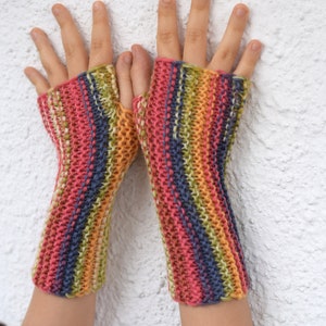 Fingerless mittens for kids in pink, yellow and blue stripes, wool fingerless mittens, autumn wristwarmers for children or adults image 1