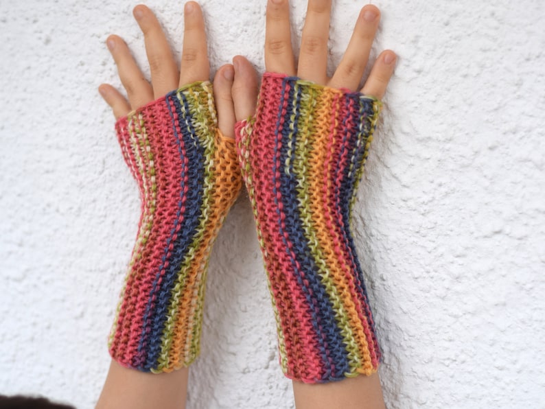 Fingerless mittens for kids in pink, yellow and blue stripes, wool fingerless mittens, autumn wristwarmers for children or adults image 1