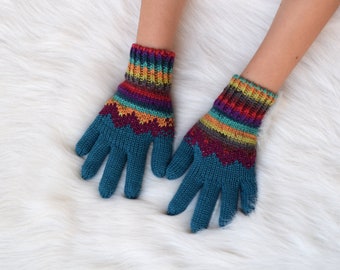 Hand knit wool gloves in teal and rainbow, chevron gloves, mismatched winter gloves, ready to ship in size 6-8 years.