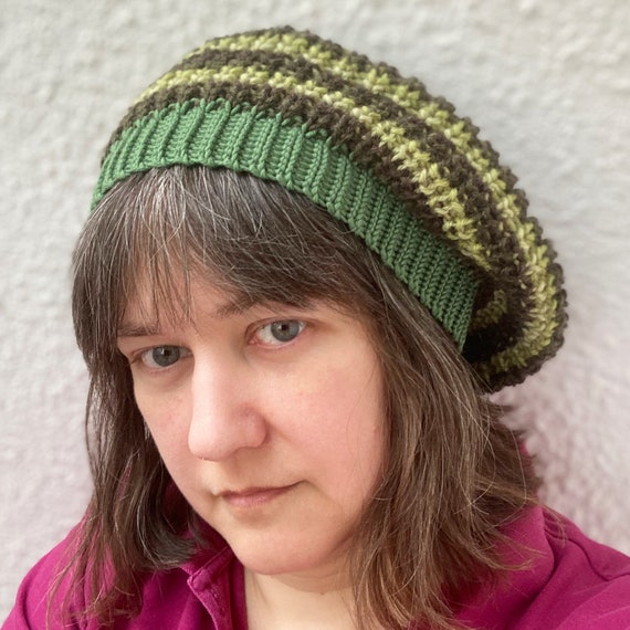 Striped Green and Brown HandKnit Women\'s Hat Hand Knit Striped Hat. Green, Brown, Grey and White. - Etsy main image 2