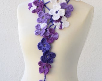 Flowers scarf, purple kids scarf, easy care flower garland, fun scarf, girls scarf necklace