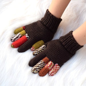 Kids' merino wool gloves, brown gloves with colored fingers, 100% wool gloves, size 3-5 years ready to ship, more colors available image 4